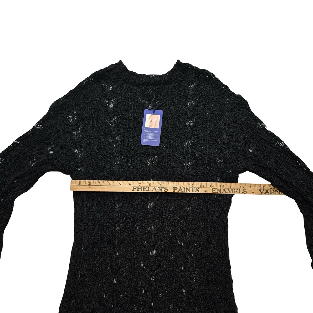 Black Knit Sweater Open Weave Long Sleeve Women’s M - Picture 4 of 7